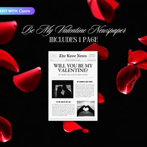 Plantilla de tarjeta de San Valentín con periódico, inserto de flores imprimible, regalo "Sé mi Valentín" para tu novia, plantilla de Canva imagen 4
