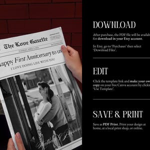 May include: A black and white photo of a couple in a newspaper-style design. The headline reads "Happy First Anniversary to us I Love Doing Life With You".
