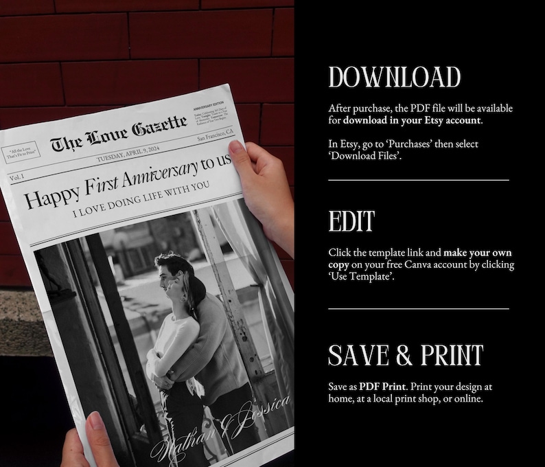May include: A black and white photo of a couple in a newspaper-style design. The headline reads "Happy First Anniversary to us I Love Doing Life With You".