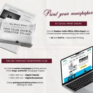 Może przedstawiać: Reklama drukowania gazet. Obraz przedstawia stos gazet z nagł&oacute;wkiem "ONE YEAR DOWN, FOREVER TO GO!" i laptopa wyświetlającego stronę internetową. Tekst zawiera "Wydrukuj swoją gazetę" i opcje drukowania.