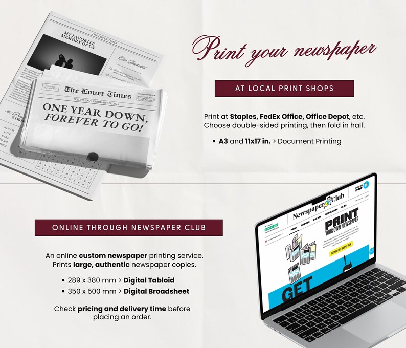 Może przedstawiać: Reklama drukowania gazet. Obraz przedstawia stos gazet z nagł&oacute;wkiem "ONE YEAR DOWN, FOREVER TO GO!" i laptopa wyświetlającego stronę internetową. Tekst zawiera "Wydrukuj swoją gazetę" i opcje drukowania.