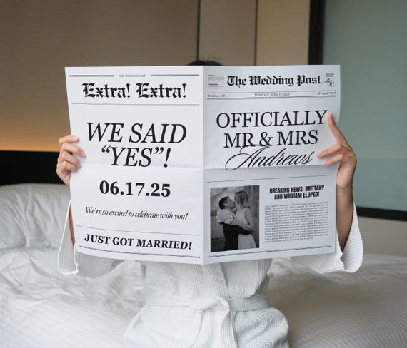 Elopement Announcement Wedding Newspaper Template, Printable Intimate Weddings Announcement, We Eloped, Editable Canva Template