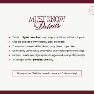 May include: A digital download announcement with the text "MUST-KNOW Details" in a decorative font. The text lists details about the digital download, including that it is for personal use only. The background is a light beige with a dark burgundy border.