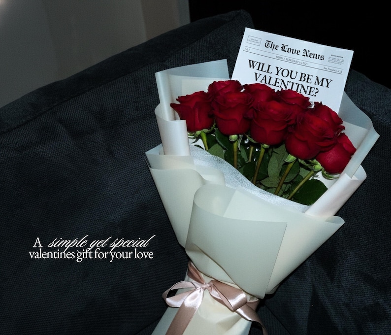 Plantilla de tarjeta de San Valentín con periódico, inserto de flores imprimible, regalo "Sé mi Valentín" para tu novia, plantilla de Canva imagen 7