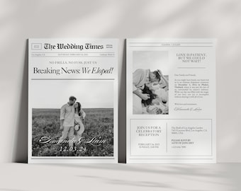 Newspaper Card Wedding Elopement Announcement Template, Printable Intimate Weddings Invitation, We Eloped, Editable Canva Template