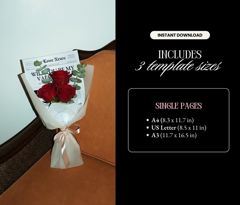 Plantilla de tarjeta de San Valentín con periódico, inserto de flores imprimible, regalo "Sé mi Valentín" para tu novia, plantilla de Canva imagen 5