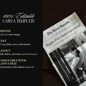 May include: A black and white newspaper clipping with the headline "Happy First Anniversary to us!" and the text "The Love Gazette" and "I love doing life with you". The clipping features a photo of a couple embracing in a snowy landscape.