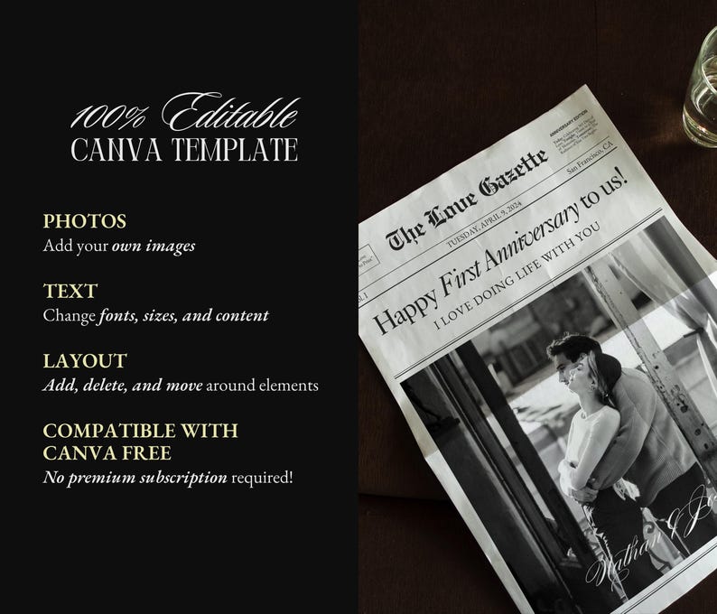 May include: A black and white newspaper clipping with the headline "Happy First Anniversary to us!" and the text "The Love Gazette" and "I love doing life with you". The clipping features a photo of a couple embracing in a snowy landscape.