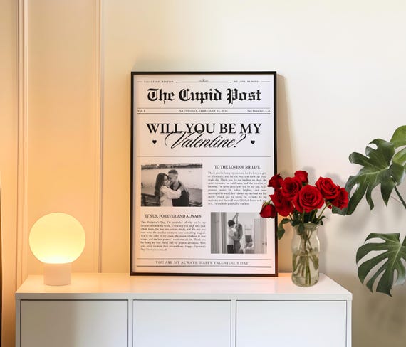 Newspaper Valentine's Day Template, Be My Valentine Newspaper, Valentines Wall Art, Vday Gift For Girlfriend, Flower Insert, Canva Template