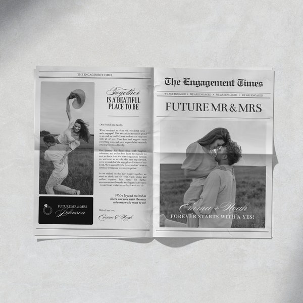Engagement Announcement Wedding Newspaper Template, Large Printable Wedding Engagement Newspaper for Photography, Canva Template