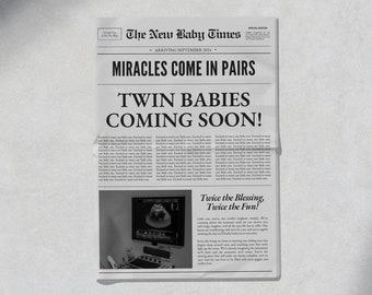 Large Newspaper Pregnancy Announcement Template, Printable Twin Baby Announcement Newspaper, Editable Baby Reveal Canva Template