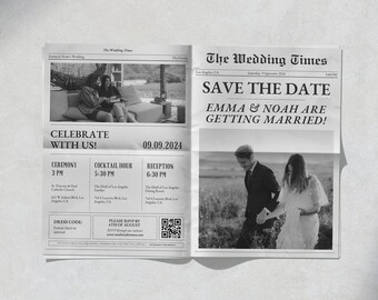 Save The Date Wedding Newspaper, Folded Wedding Newspaper Program Template, Printable Wedding Invitation Canva Template