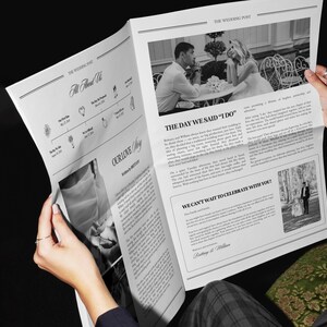 May include: A black and white newspaper style wedding announcement with the headline "The Day We Said "I Do"". The announcement includes a photo of the couple and details about their wedding.