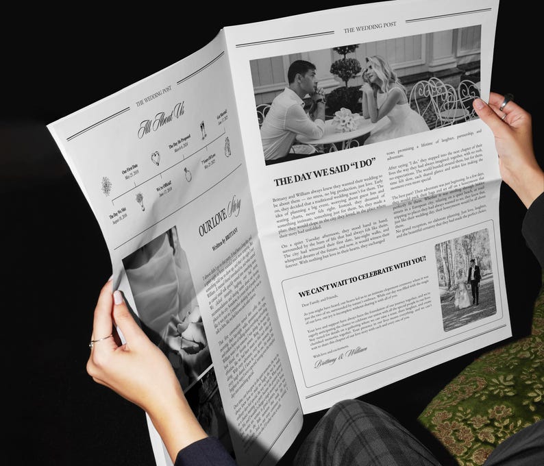 May include: A black and white newspaper style wedding announcement with the headline "The Day We Said "I Do"". The announcement includes a photo of the couple and details about their wedding.