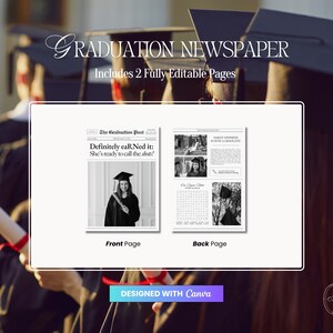 May include: A graduation newspaper design with two fully editable pages. The front page features a photo of a graduate in a cap and gown, with the headline "Definitely eaRNed it." The back page includes additional photos and text. The design is created with Canva.
