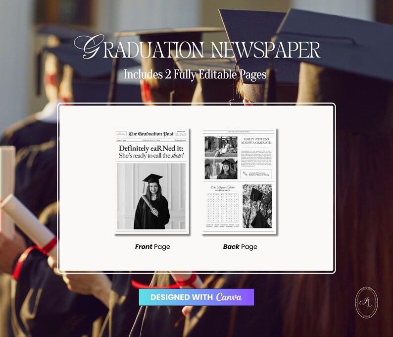 May include: A graduation newspaper design with two fully editable pages. The front page features a photo of a graduate in a cap and gown, with the headline "Definitely eaRNed it." The back page includes additional photos and text. The design is created with Canva.