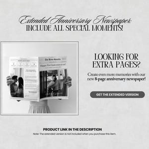 May include: Black and white photo of a person holding a newspaper with the headline "Happy First Anniversary to you!" The newspaper is from "The Love Gazette".