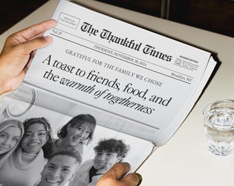 Friendsgiving Dinner Newspaper Template, Printable Newspaper Thanksgiving Trivia and Menu, Gift Ideas For Best Friends, Canva Template
