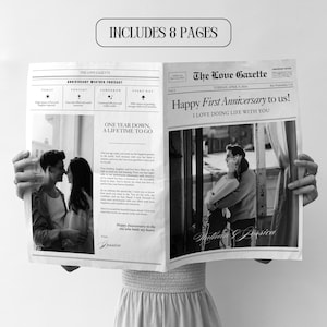 Modelo de jornal de aniversário de casal, jornal de aniversário de 8 páginas, presente de aniversário de 1 ano para namorado e namorada, modelo Canva