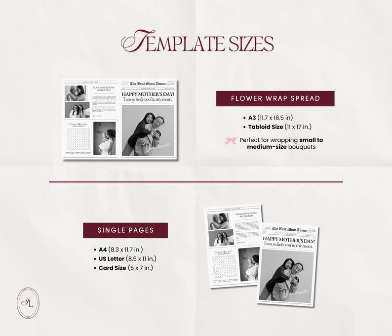 May include: A template size guide with the text "Template Sizes" in a script font. The guide includes options for flower wrap spreads and single pages, with sizes listed in inches. The text "Happy Mother's Day!" is visible.