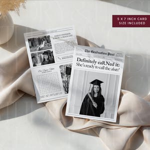 May include: Two graduation announcement cards designed as newspaper pages. One card features a photo of a graduate and the headline "Definitely eaR Ned it: She's ready to call the shots!" The other card has a photo and a word search. The cards are 5 x 7 inches.