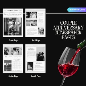 May include: A black and white newspaper template for a couple's anniversary. The front page has a headline that reads "Happy First Anniversary to us!" and a photo of a couple. The back page has a headline that reads "My Love" and a photo of a couple. The inside pages have a crossword puzzle and a photo of a couple.