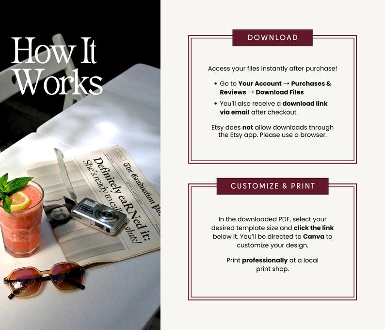 May include: A still life image featuring a refreshing pink drink with a lemon and mint garnish, sunglasses, and a vintage camera on a newspaper. The text "How It Works" is at the top left.
