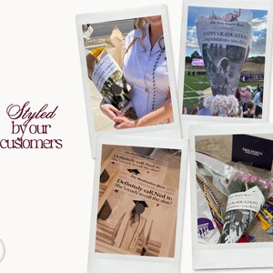May include: A collage of photos featuring graduation bouquets and newspaper-wrapped flowers. One photo shows a bouquet with a newspaper cone that reads "HAPPY GRADUATION Congratulations - you did it!" Another reads "Definitely eAR Ned it: She's ready to call the shots!"