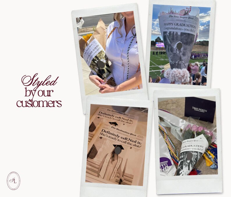 May include: A collage of photos featuring graduation bouquets and newspaper-wrapped flowers. One photo shows a bouquet with a newspaper cone that reads "HAPPY GRADUATION Congratulations - you did it!" Another reads "Definitely eAR Ned it: She's ready to call the shots!"