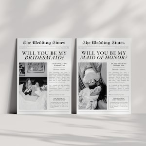 Kaartsjabloon bruidsmeisje voorstel krant, afdrukbare krant Will You Be My Bridesmaid Photo Card, bruidsmeisje, canvassjabloon
