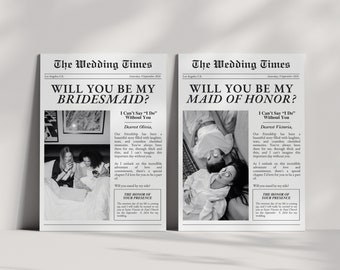 Newspaper Bridesmaid Proposal Card Template, Printable Newspaper Will You Be My Bridesmaid Photo Card, Maid of Honor, Canva Template