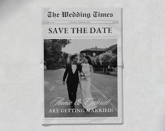 Save The Date Hochzeit Zeitung Vorlage, Gefaltete Zeitung Programm Timeline, druckbare Hochzeitseinladung Canva Vorlage