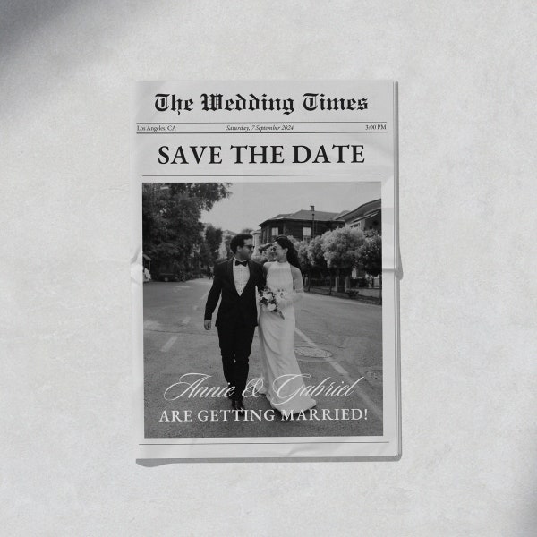 Save The Date Wedding Newspaper Template, Folded Newspaper Program Timeline, Printable Wedding Invitation Canva Template