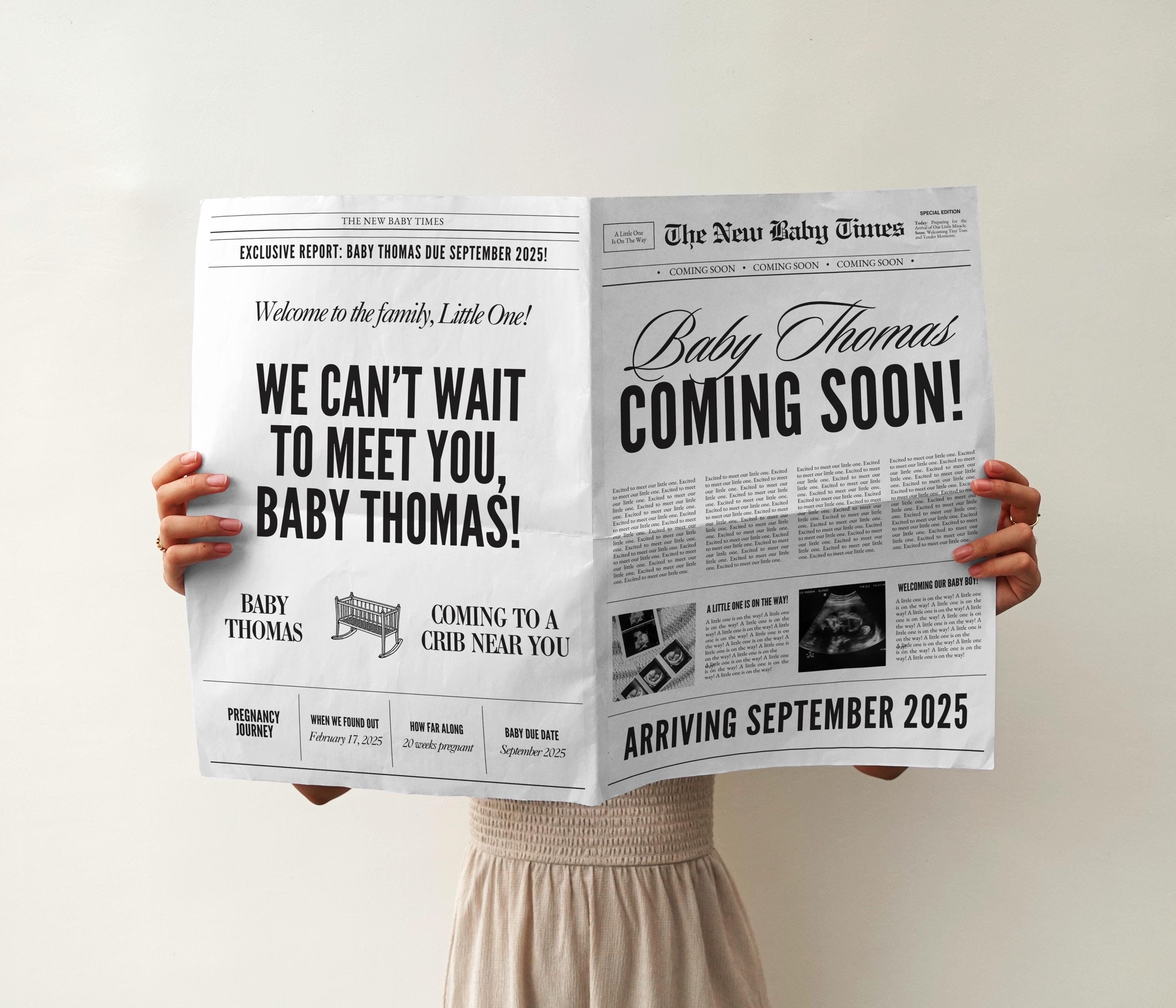 Baby Announcement Newspaper Template, Printable Large Pregnancy Announcement Newspaper, Editable Baby Reveal Canva Template