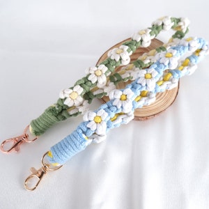 Macrame Wristlet Phone Strap Wristlet Keychain Daisy Phone Strap Accessory Charm Flower Lanyard