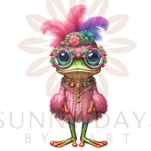 May include: A green frog wearing a pink dress, a jeweled necklace, and large round glasses with floral accents. The frog has a pink and purple feather headdress with flowers and jewels.