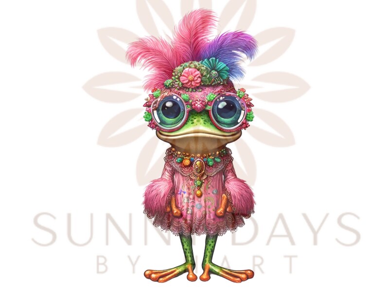 May include: A green frog wearing a pink dress, a jeweled necklace, and large round glasses with floral accents. The frog has a pink and purple feather headdress with flowers and jewels.