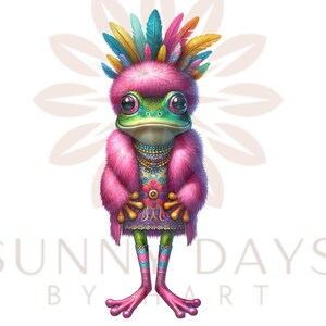 May include: A green frog wearing a pink fur coat, a colourful feathered headdress, and a patterned dress. The frog is standing on a white background with the text "SUNNY DAYS BY ART" below it.