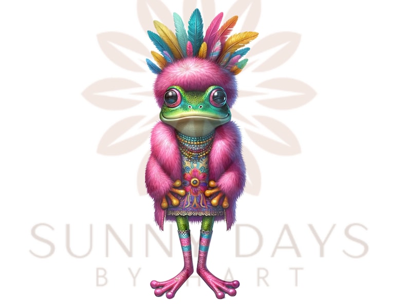 May include: A green frog wearing a pink fur coat, a colourful feathered headdress, and a patterned dress. The frog is standing on a white background with the text "SUNNY DAYS BY ART" below it.