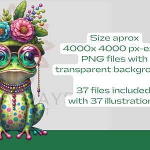 May include: A green frog wearing a flower crown, round sunglasses, and a colourful beaded necklace. The frog is sitting on a green background. The image is 4000x4000 pixels and includes 37 files.