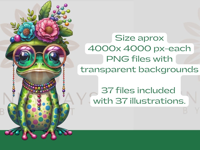 May include: A green frog wearing a flower crown, round sunglasses, and a colourful beaded necklace. The frog is sitting on a green background. The image is 4000x4000 pixels and includes 37 files.