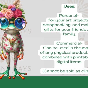 May include: A whimsical illustration of a frog wearing a flower crown, sunglasses, and a floral patterned dress. The frog is standing on a green background with the text "SUNNY DAYS" on either side. The text "Uses:" is on the right side of the image, followed by a description of how the image can be used for personal and commercial purposes.