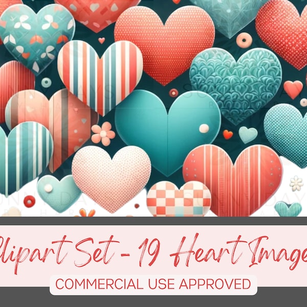 Puffy Hearts Clip Art Love Collection: 19 PNG Files, Instant Download, Pink/Red/Teal, Commercial & Personal Use, Ideal for Valentine's Day"