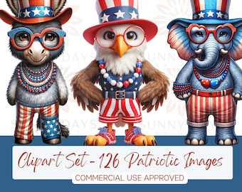 Colección de imágenes prediseñadas patrióticas: Imágenes prediseñadas para manualidades, POD y proyectos de bricolaje - Descarga digital instantánea - Imágenes prediseñadas de animales - 4 de julio - PNG