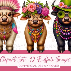 Puede incluir: Un conjunto de tres ilustraciones de búfalos con accesorios coloridos. El búfalo de la izquierda lleva un tocado rosa y blanco, el búfalo del medio lleva una corona de flores y el búfalo de la derecha lleva un sombrero verde. Los tres búfalos llevan collares de cuentas coloridas y gafas.