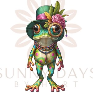 May include: A green frog wearing a green top hat with a pink ribbon, a pink flower, and a gold monocle. The frog has a colourful polka dot pattern and is wearing a beaded necklace.