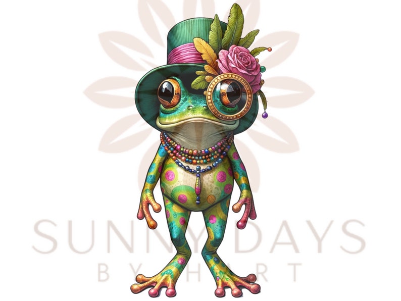 May include: A green frog wearing a green top hat with a pink ribbon, a pink flower, and a gold monocle. The frog has a colourful polka dot pattern and is wearing a beaded necklace.
