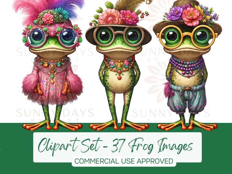 May include: Three cartoon frogs wearing colourful hats, glasses, and jewellery. The frog on the left is wearing a pink dress and a feathered headdress. The frog in the middle is wearing a brown hat with flowers and a beaded necklace. The frog on the right is wearing a brown hat with flowers, a beaded necklace, and blue trousers. The text "Clipart Set - 37 Frog Images" and "COMMERCIAL USE APPROVED" is at the bottom of the image.