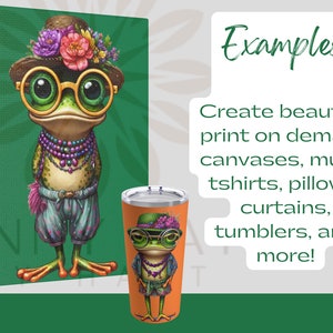 May include: A whimsical illustration of a frog wearing a flower crown, sunglasses, and a colourful outfit. The frog is standing on a green background. The image is suitable for creating print-on-demand products like canvases, mugs, t-shirts, pillows, curtains, tumblers, and more.