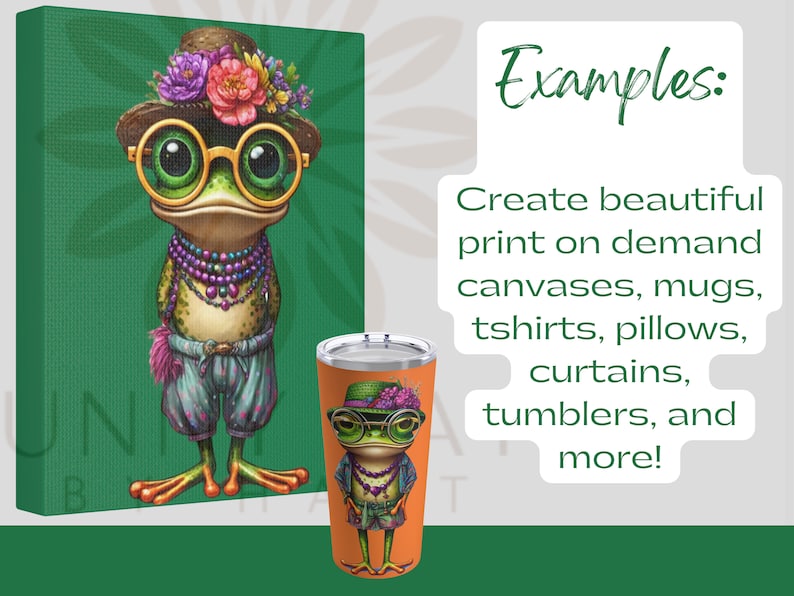 May include: A whimsical illustration of a frog wearing a flower crown, sunglasses, and a colourful outfit. The frog is standing on a green background. The image is suitable for creating print-on-demand products like canvases, mugs, t-shirts, pillows, curtains, tumblers, and more.